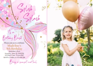 Birthday Invitation Mermaid Tail Watercolor Pink Gold 0403 - Photo design preview