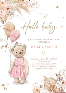 Bear Hello Baby Invitation Pink 0421 design preview