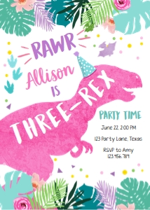 Birthday Invitation Dinosaur Three Rex Vertical Pink 0423 design preview