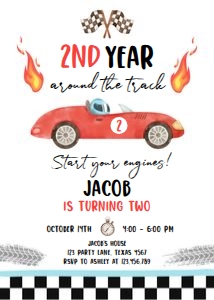 Birthday Invitation Race Car 2nd Year Around the Track Red 0424 design preview