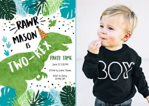 Birthday Invitation Dinosaur T-Rex Two-Rex Vertical Blue Green White Photo 0389 design preview