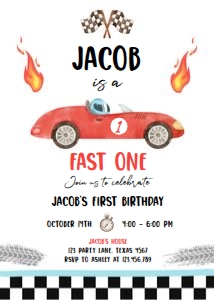 Birthday Invitation Race Car Red Fast One 0424 design preview