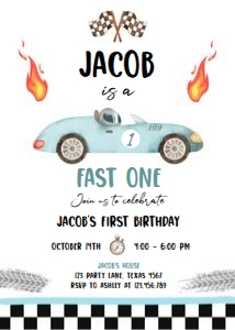 Birthday Invitation Race Car Blue Fast One 0424 design preview