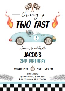 Birthday Invitation Race Car Blue Two Fast 0424 - Photo Back design preview