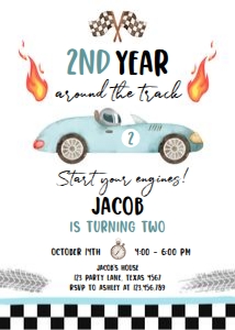Birthday Invitation Race Car 2nd Year Around the Track Blue 0424 - Photo Back design preview