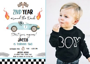 Birthday Invitation Race Car 2nd Year Around the Track Blue Photo 0424 design preview