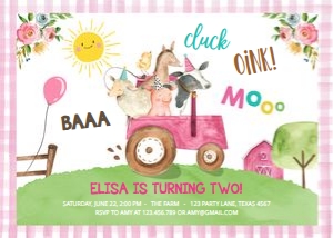 Birthday Invitation Farm Animals Pink Gingham Border 0155 design preview