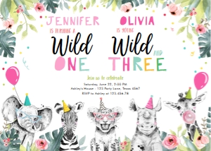 Birthday Invitation Party Animals Combined Girls Wild One Wild Three 0322 design preview