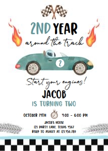 Birthday Invitation Race Car 2nd Year Around the Track Blue Green 0424 design preview