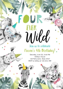 Birthday Invitation Party Animals Black White Four Ever Wild Boy Vertical 0322 design preview