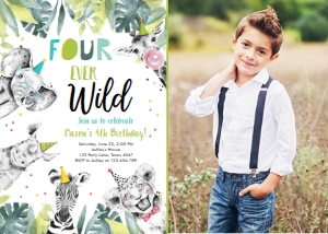 Birthday Invitation Party Animals Black White Four Ever Wild Boy Vertical Photo 0322 design preview