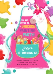 Birthday Invitation Unicorn Art Party Apron Girl Pink Bright 0319 design preview