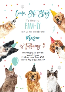 Birthday Invitation Pawty Cats and Dogs Vertical Boy V3 design preview