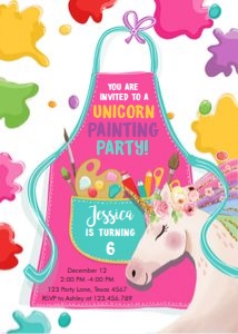 Birthday Invitation Unicorn Art Party Apron Girl Pink Bright V2 0319 design preview