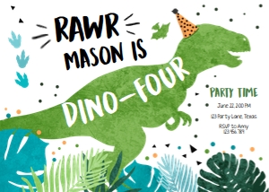Birthday Invitation Dinosaur Dino Four White Green 0389 design preview