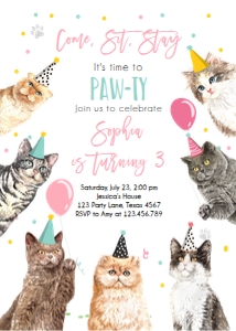 Birthday Invitation Cats Pawty Pink Vertical V3 0384 design preview