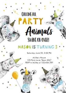 Birthday Invitation Party Animals No Leaves Black White Gold Boy Vertical 2 design preview