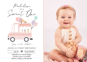 Birthday Invitation Ice Cream Truck Simple Coral Sweet One 0415 - Photo design preview