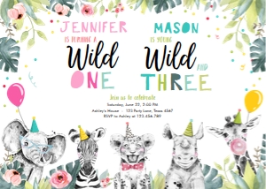 Birthday Invitation Party Animals Combined Girl Wild One Boy Wild and Three 0322 design preview