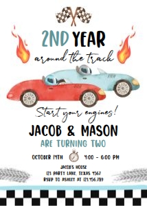 Birthday Invitation Race Car 2nd Year Around the Track Blue Red 0424 - Photo Back design preview