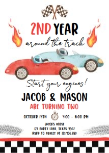 Birthday Invitation Race Car 2nd Year Around the Track Blue Red Text 0424 - Photo Back design preview