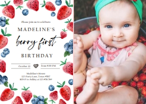 Birthday Invitation Strawberry Blueberry Watercolor Red Round 0409 - Photo design preview