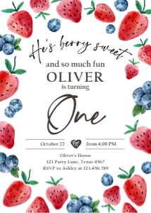 Birthday Invitation Blueberry Strawberry Watercolor One Round 0399 design preview