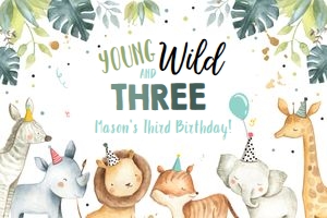 Backdrop Banner Party Animals Safari Young Wild and Three Boy 0163 design preview