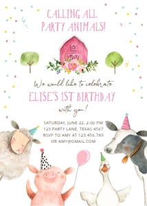 Birthday Invitation Farm Animals Confetti Girl Vertical 0155 design preview