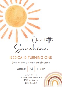 Birthday Invitation Sun Watercolor Little Sunshine 0431 design preview