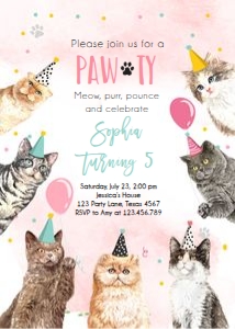 Birthday Invitation Cats Pawty Pink Vertical V3 Watercolor 0384 design preview