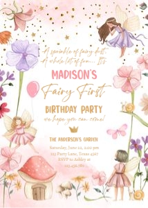 Invitation Birthday Fairy Forest Fairy First Purple Pink 0406 design preview