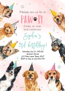 Birthday Invitation Dogs Pawty Pink Vertical V3 Watercolor 0384 design preview