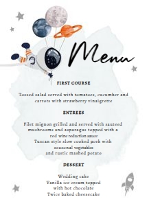 Menu Card Space Planets Balloons Boy White Orange 0366 design preview