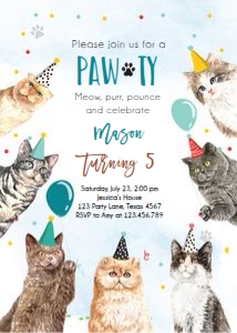 Birthday Invitation Cats Pawty Blue Watercolor Vertical V3 0384 design preview