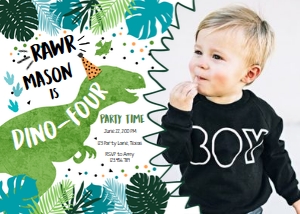 Birthday Invitation Dinosaur T-Rex Dino-Four Blue Green White 0389 - Photo design preview