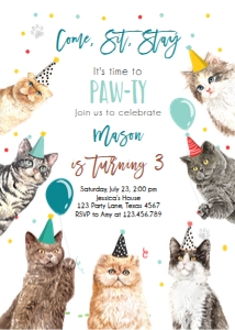 Birthday Invitation Cats Pawty Blue Vertical V3 0384 design preview