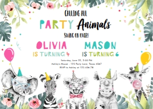 Birthday Invitation Party Animals Combined Joint Girl Boy 0322 design preview