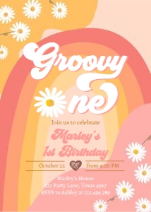 Invitation Birthday Groovy One Retro Rainbow Pink 0428 design preview