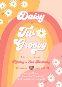 Invitation Birthday Two Groovy Retro Rainbow Pink 0428 design preview