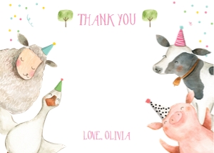 Thank You Card Farm Animals Girl White Confetti 0155 design preview