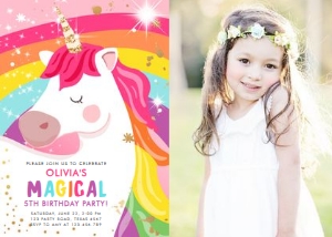Birthday Invitation Unicorn Rainbow Pink Bright Photo 0323 design preview