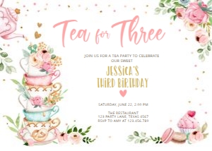 Birthday invitation Tea for Three Horizontal White V4 0349 design preview