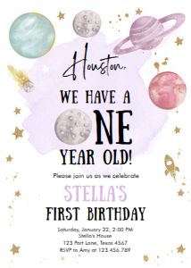 Invitation Space Planets Girl Houston One Year White Purple v3 0357 design preview