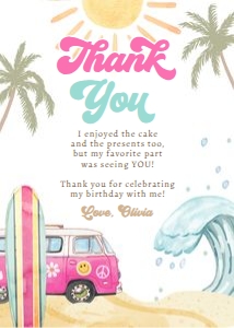 Birthday Thank You Card Surf Girl 0433 design preview