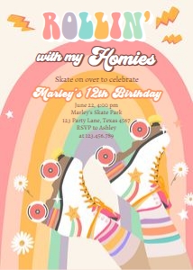 Invitation Birthday Retro Roller Skates Rainbow Homies 0435 design preview