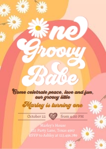 Invitation Birthday One Groovy Babe Retro Rainbow Pink 0428 design preview