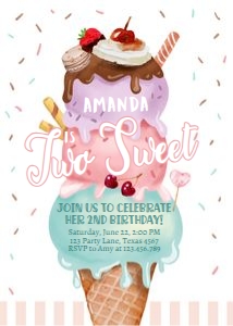 Birthday Invitation Ice Cream Watercolor Pink Purple Mint Two Sweet 0392 design preview