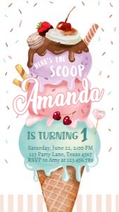Birthday Invitation Ice Cream Watercolor Pink Purple Mint Phone 0392 design preview