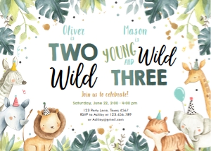 Birthday Invitation Safari Animals Party Hats Joint Birthday Boy Two Wild Wild Three 0163 design preview